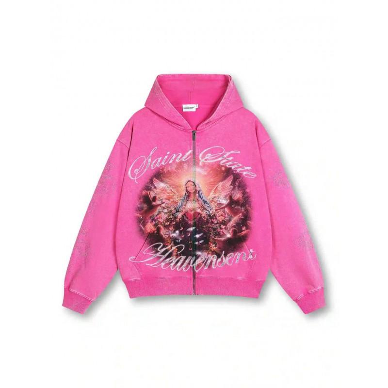 Oversized Hooded Zip-Up Sweatshirt With 3D Wing Print Streetwear Unisex Casual Top