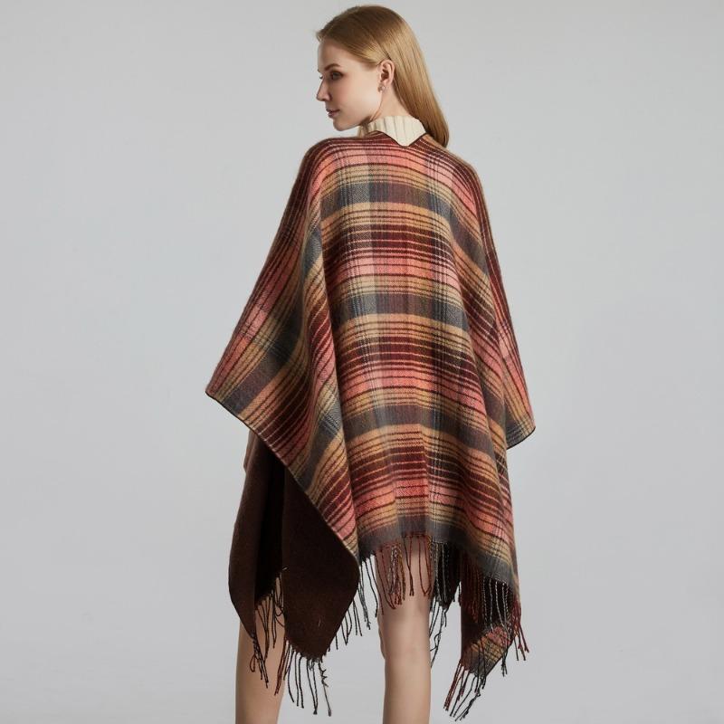 Scottish Classic Plaid Tassel Thick Warm Split Shawl Cape