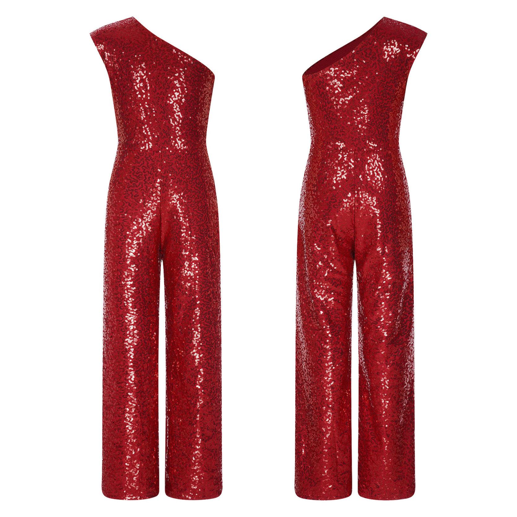 

Комбинезон без рукавов с блестками на одно плечо для девочек, брюки, вечерние комбинезоны с высокой талией, танцевальная одежда, костюм 7-8 Years бордовый