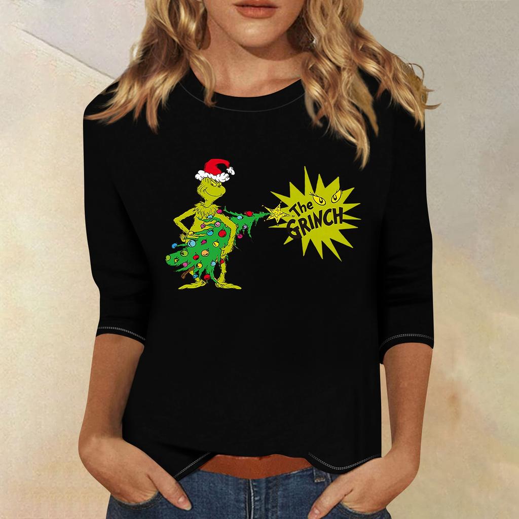 3/4 Sleeve Tops For Women T-Shirt Casual Christmas Print Tops T Shirt Round Neck Pullover Blouse