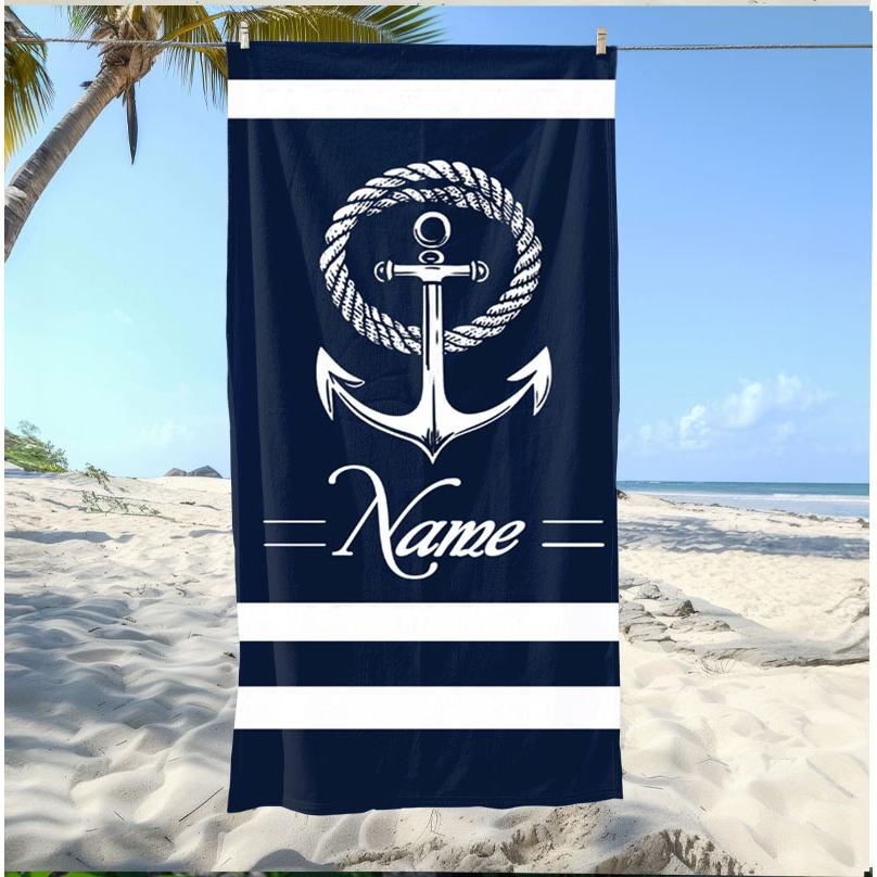 Personalized Anchor Beach Towel Custom Name/Logo Oversized Microfiber Towel Summer Party Gift for Beach Swimming Bath Sports
