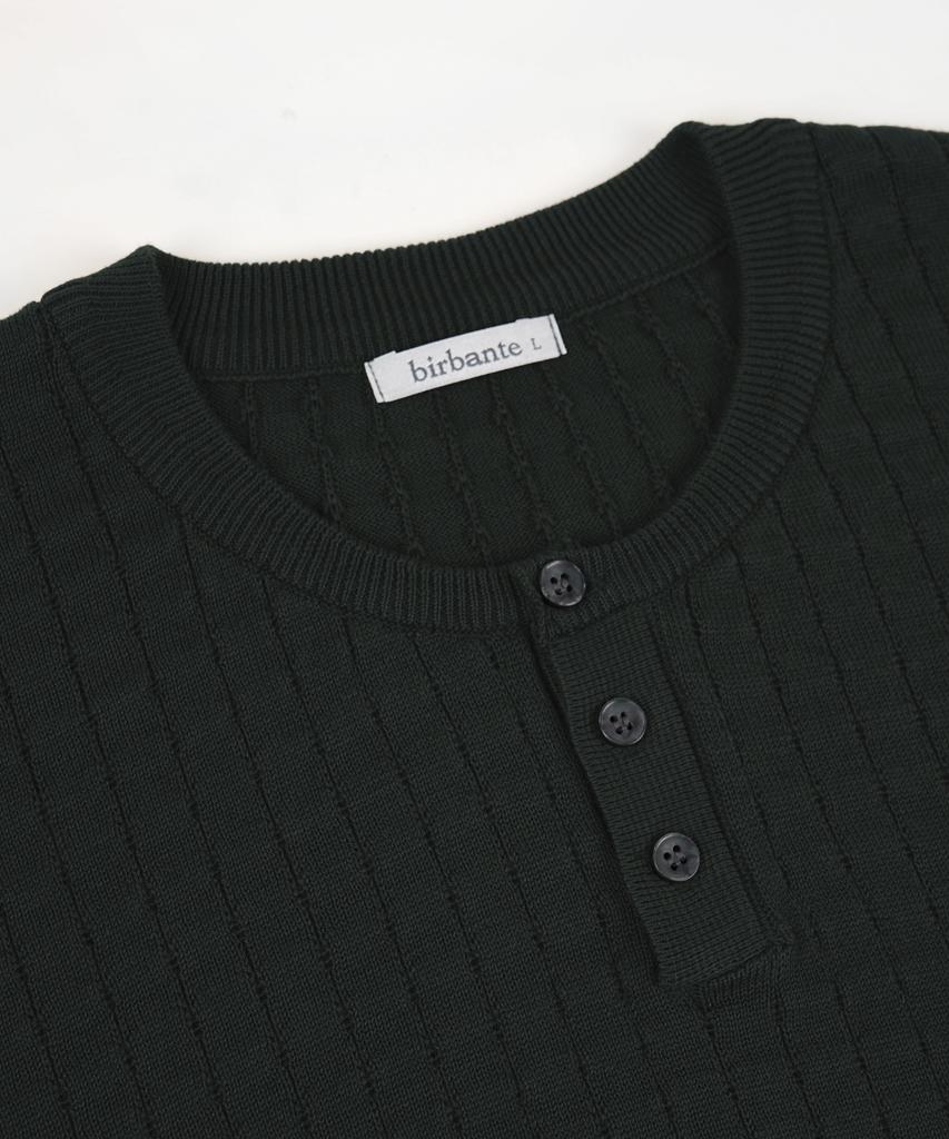 BIRBANTE Summer Washable Henley Neck Knit - Khaki