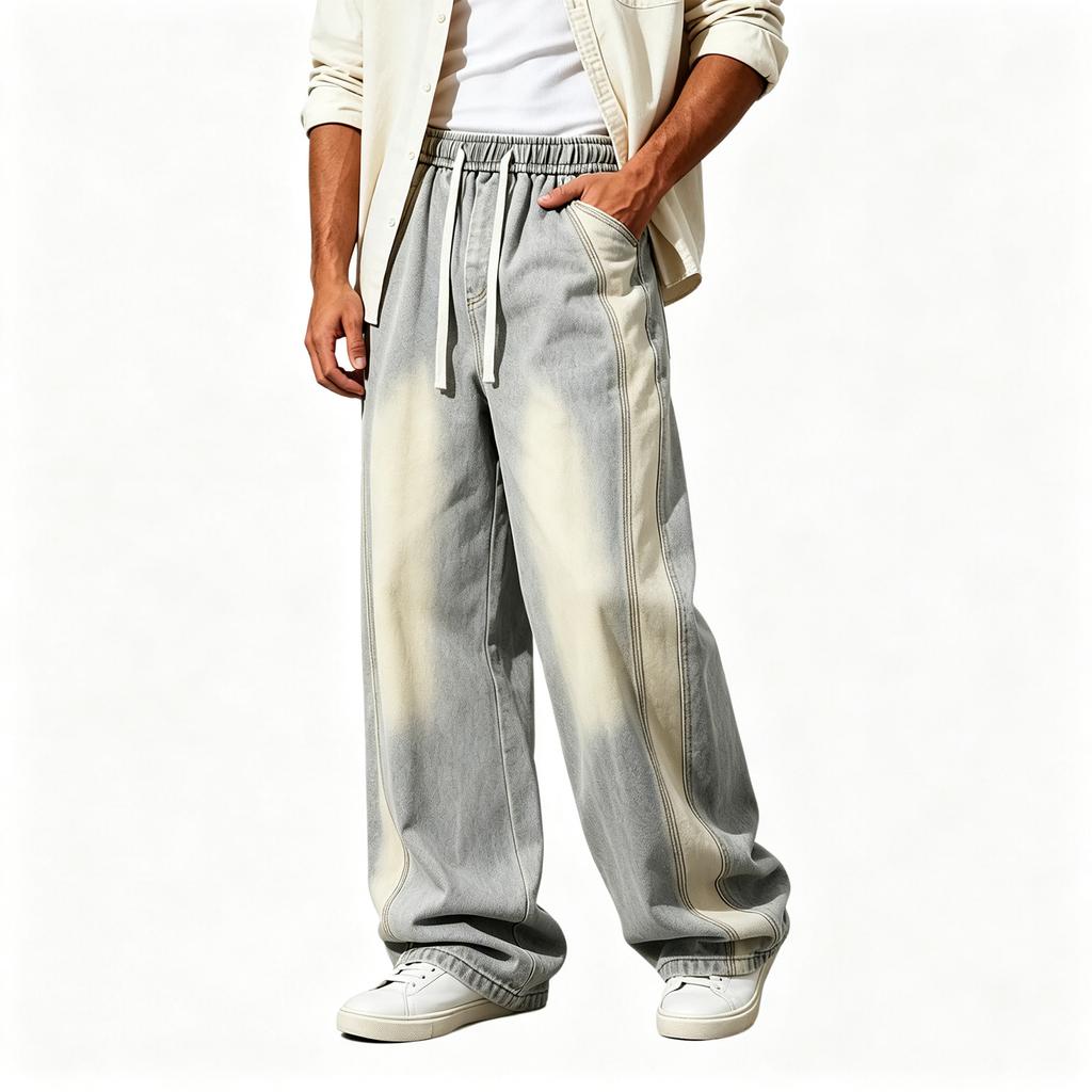 Men's Wide Leg Jeans with Elastic Waist, Vintage Wash Casual Denim Pants, Soft Denim