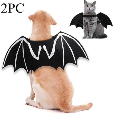 2pc Dog Halloween Costumes, Cool Luminous Skeleton Bone Bat Wings Cosplay Cat Pets Costumes Dress Up Apparel Accessories for Kitten Puppies, S/M/L