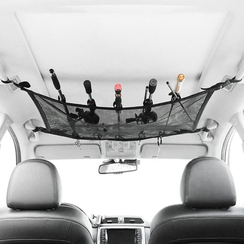 Overhead Car Rod Storage Net with Mesh Ceiling Panel, Strap Mount Rack for Vehicle Rod Transport, Cabin Order, and Fishing Travel Use, 80 x 55 cm
