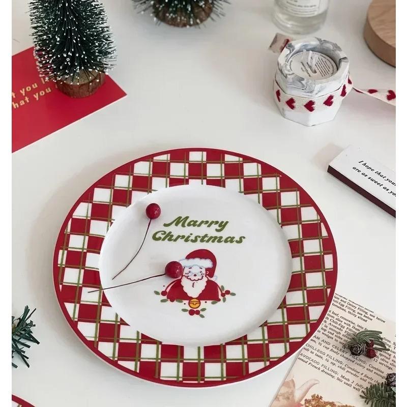 

Рождественский подарок Посуда Санта-Клаус Рождественская елка Керамическая тарелка Десертное блюдо Круглое ретро Бытовая закуска Кухня Обеденные тарелки 8 inches