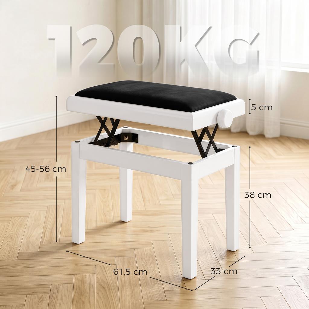 Piano Bench Height-Adjustable Piano Stool with Padded Cushion, Velvet Look, Legs Made of Rubberwood White