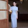 Light Blue Chinese-Inspired Long Cheongsam Dress Women Vintage Fit Short Sleeve Stand Collar Design