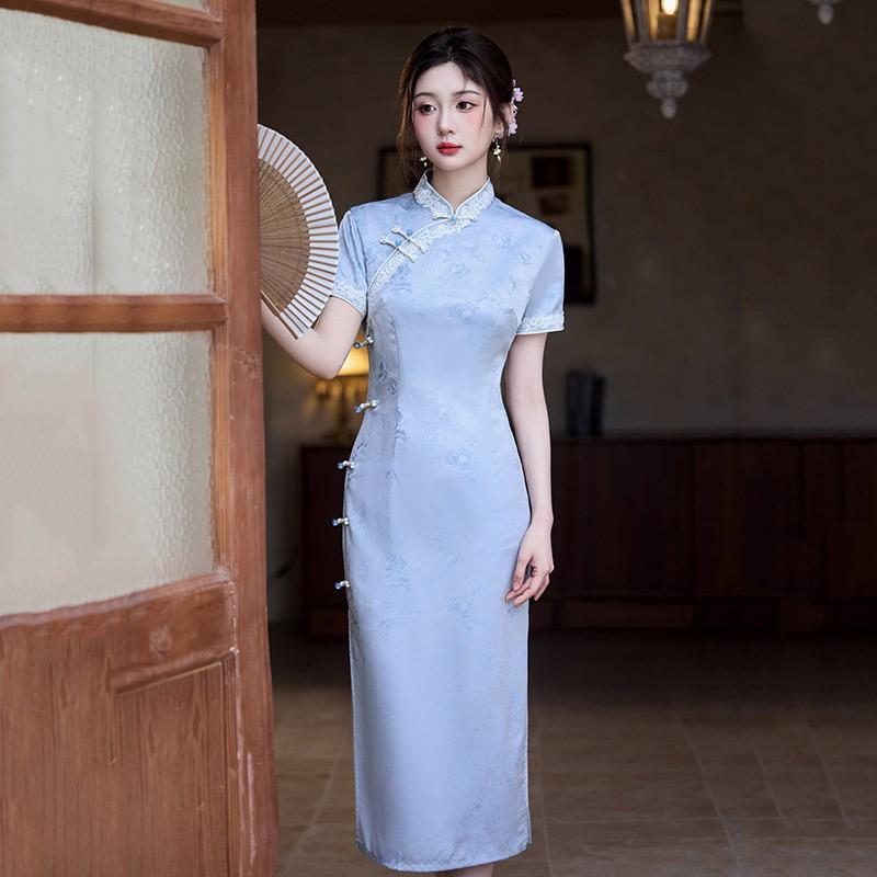 Light Blue Chinese-Inspired Long Cheongsam Dress Women Vintage Fit Short Sleeve Stand Collar Design