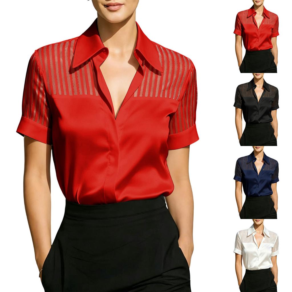 Women's V-Neck Sheer Satin Striped Short Sleeve Blouse Work Business Casual Top