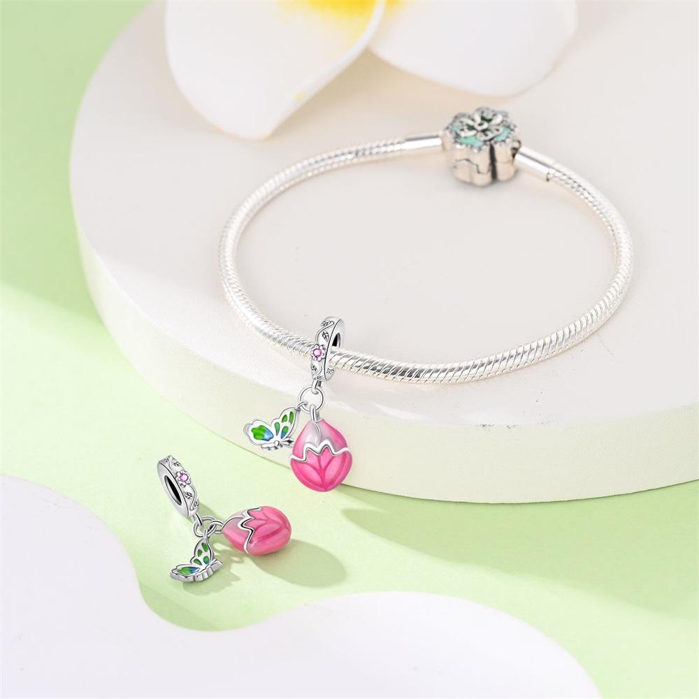 copper Green Butterfly and Pink Flower Bag Dangle Charm Compatible With Do It Yourself Bracelets Necklaces Womens Romantic Jewellery