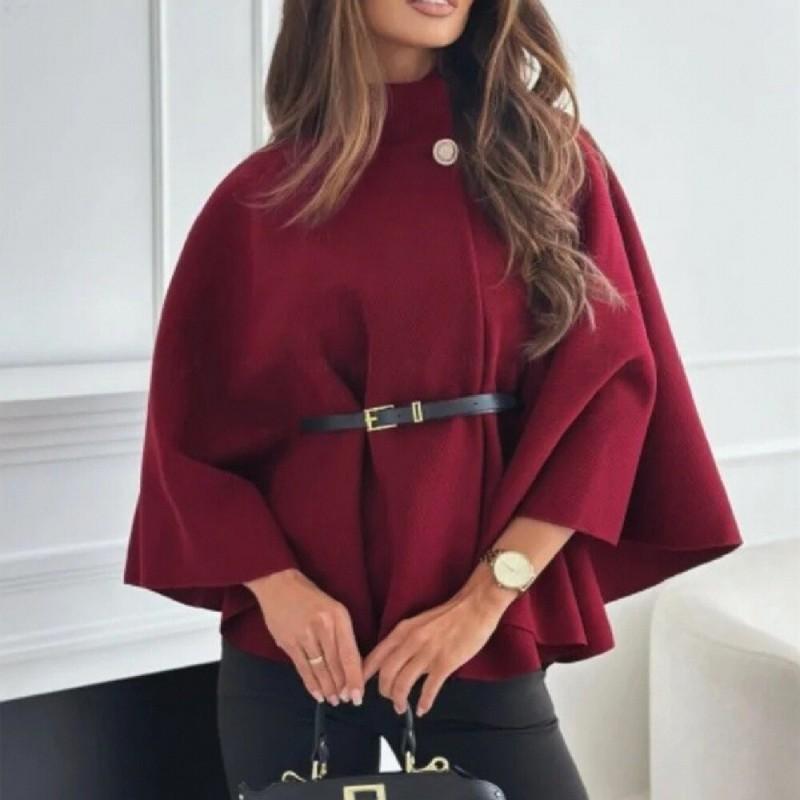 Womens Winter Elegant Wool Blend Cape Coat With Belted Waist Stand Collar