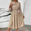 Women Autumn Long Sleeve A Line Dress High Waist Pleated Solid Bow Collar Long Dresses Spring Sizes S XL