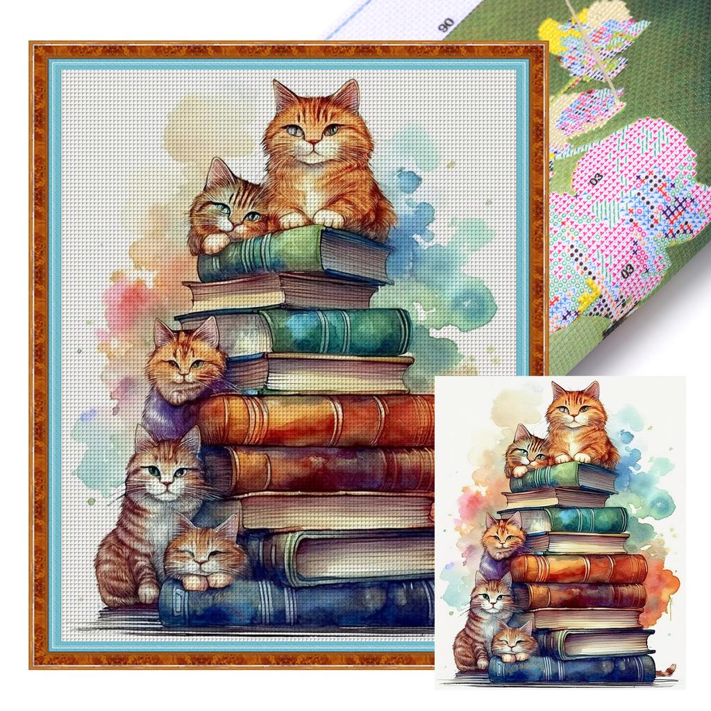 Pile of Books Full 11CT 3 Strands DIY Stamped Art and Crafts Kits 40*50cm/40*70cm for Beginners Adults Home Decor