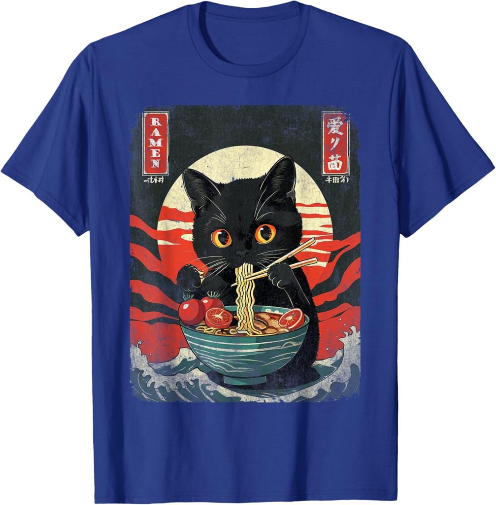 Black Cat Eating Ramen Japanese Style Graphic Tee Men Casual Short Sleeve T-Shirt