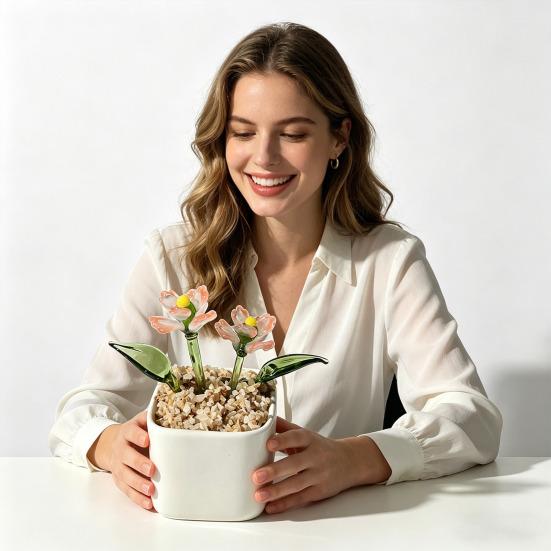 Miniature Glasblomst Figur Håndblæst Mini Blomsterbuket i Pot Samlerobjekt Blomstrende Blomsterpynt til Hjem Indendørs Borddekoration