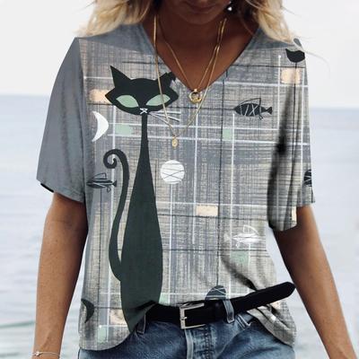 Damski T-shirt z krótkim rękawem w europejsko-amerykańskim stylu z abstrakcyjnym nadrukiem 3D kota, z dekoltem w serek, wszechstronny, luźny, casualowy top damski