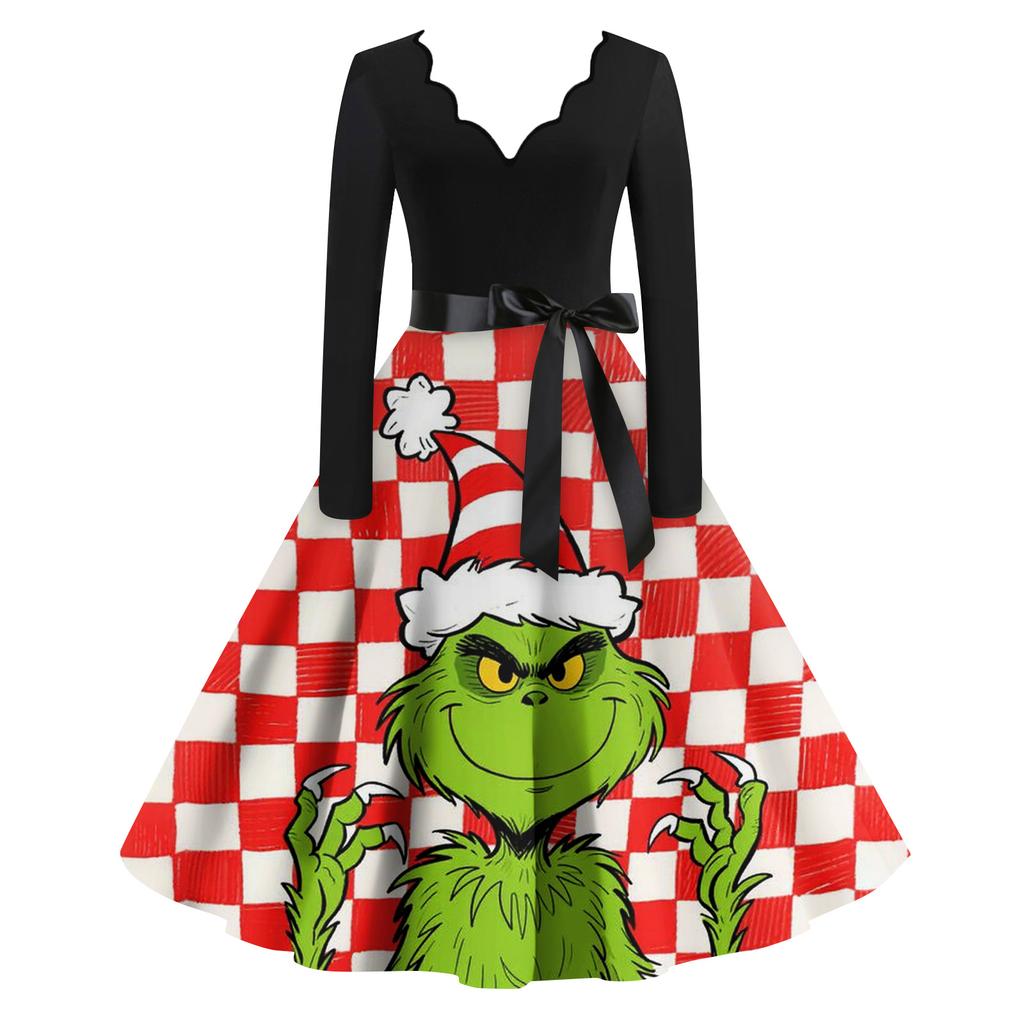 Ladies' Fashionable Retro Long Sleeved Square Neck Christmas Printed Evening Dress Dress