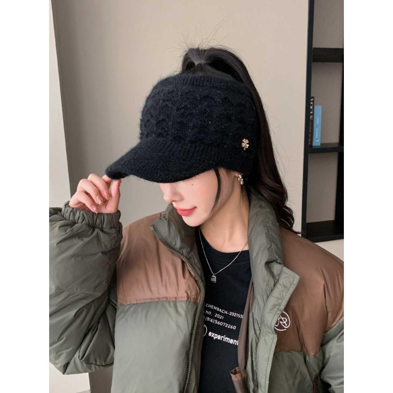 New Autumn and Winter Woolen Knitted Empty Top Hat Thickened and Warm  Large Brim Peaked Hat  Fashionable  Versatile and Trend Proof