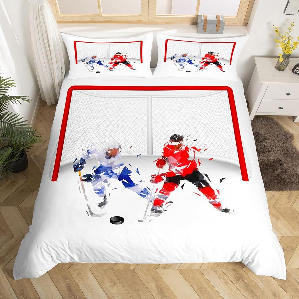 Eishockey Bettbezug Helm Schlittschuhe Bettdeckenbezug Winter Eis Sport Spiele Bettwäsche-Set für Jungen Puck Hockeyspieler Steppdeckenbezug