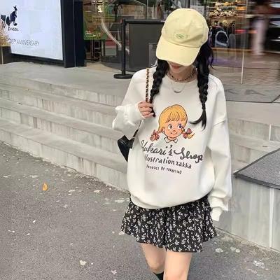 Fleece Little Girl Print Sweater Women's Season Loose Student Age-reducing Crew Neck Jacket