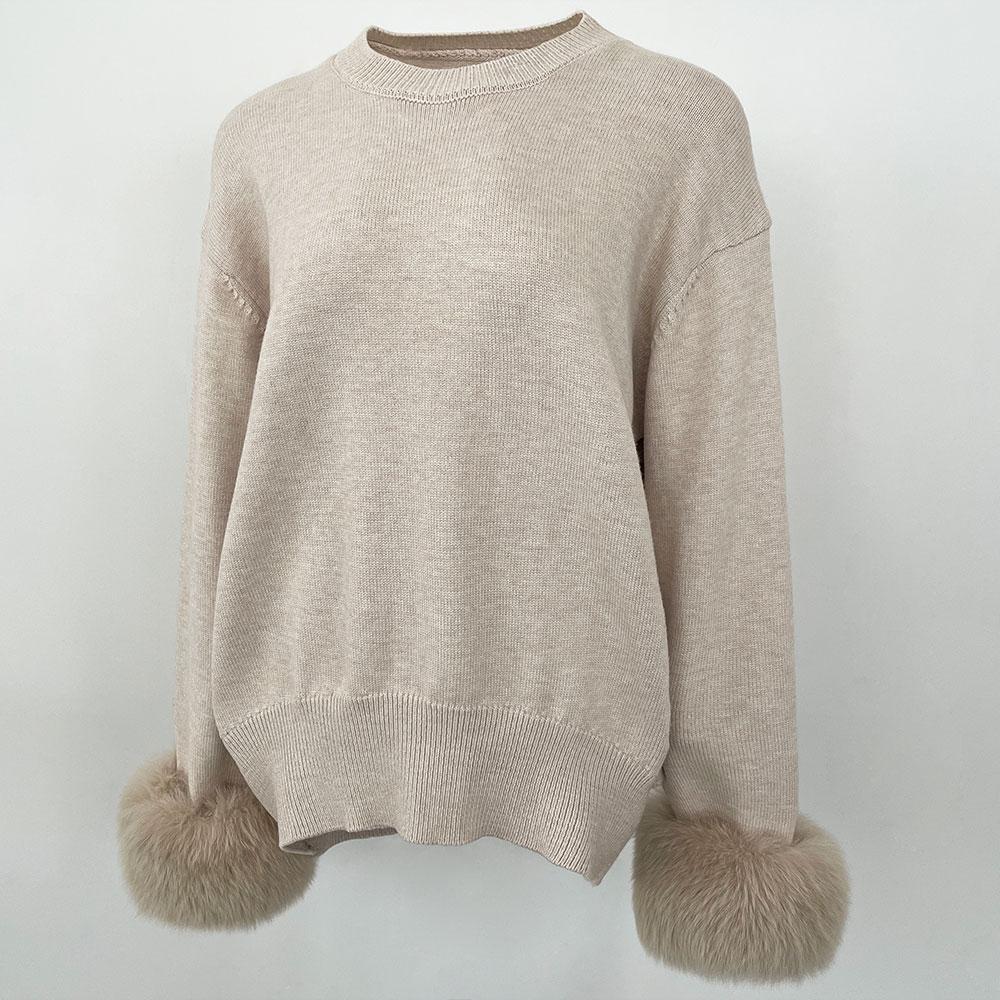 OFTBUY Winter Women Sweater Knitted Real Fox Fur Cuff Round Neck Loose Knit Mid-length Woolen Blends