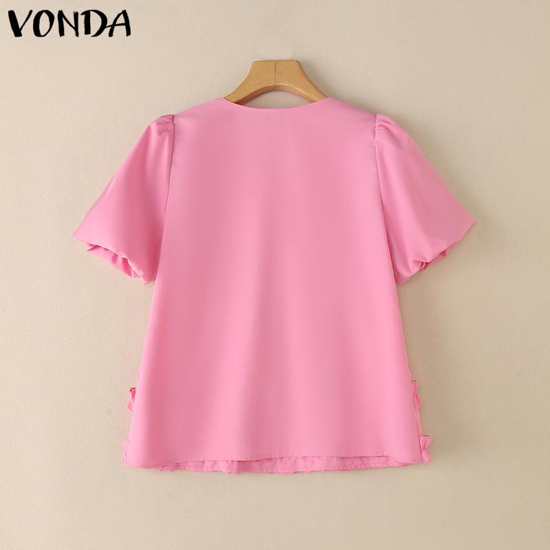VONDA Women V Neck Short Sleeve Slim Waist Ruffled Casual Blouse