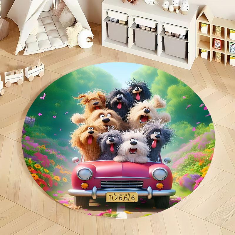 Joyful Dogs on Car Adventure Carpet round rug perfect for kids, ideal for children's rooms, round carpet for home sofa bedroom