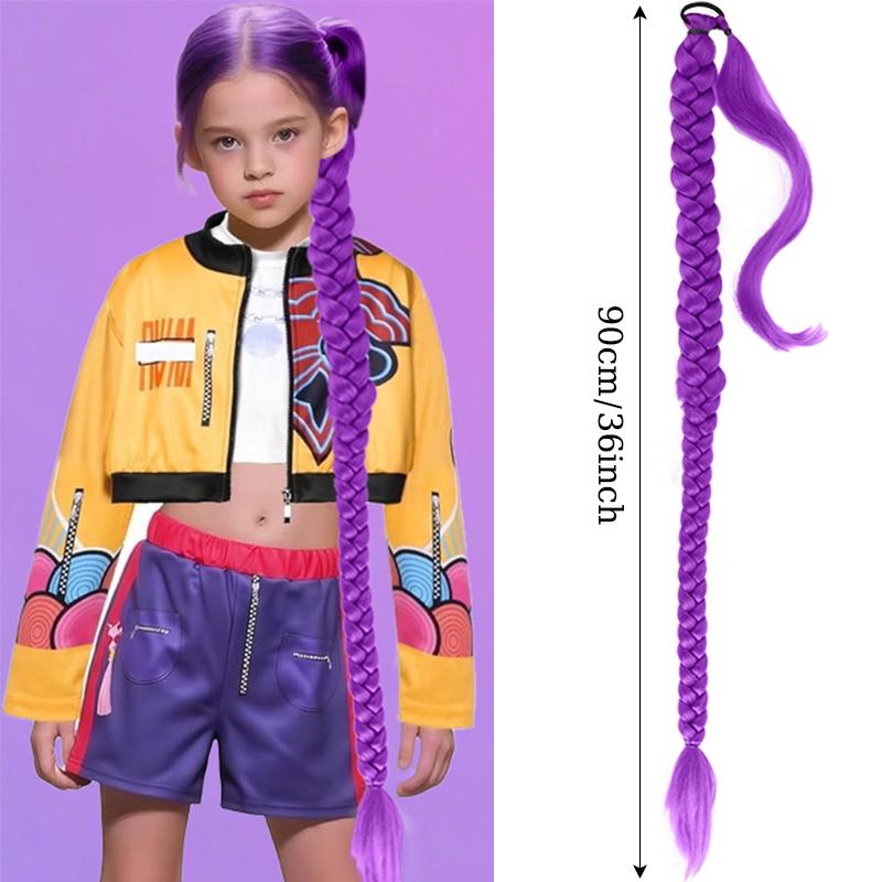 36inch Braided Purple Hair Ponytail Wig Super Long Ponytail with Elastic Hair Band for Kids Party Cosplay Use Purple Wig