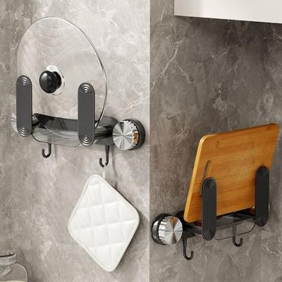 Plastic Suction Cup Pot Lid Holder Space Saving Wall Mounted Pan Cover Storage Holder Waterproof with Hooks Chopping Board Rack