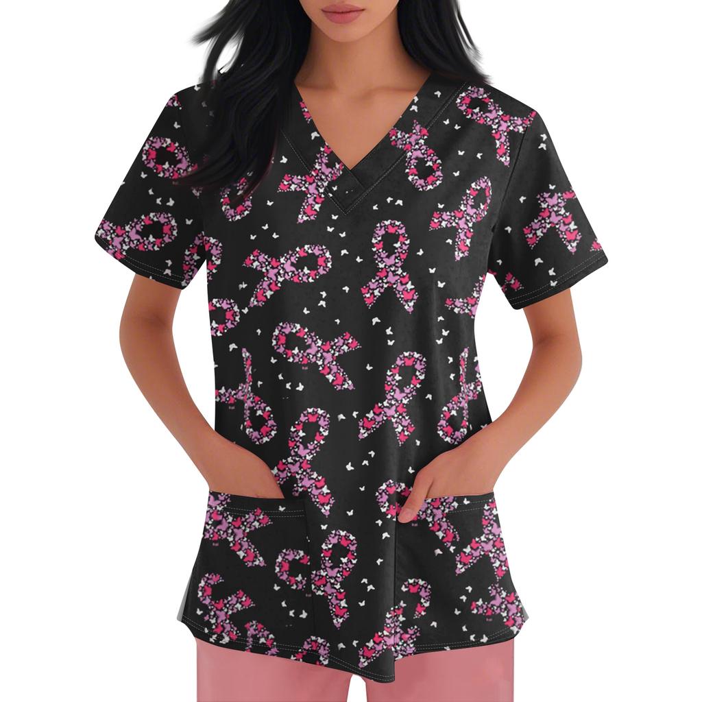 Women's V-neck Cartoon Printed Short-sleeved Pocket Side-slit Protective Suit Top
