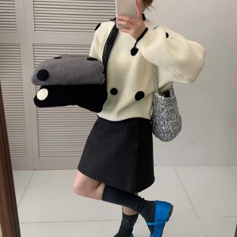 Women's Retro Polka Dot Fluffy Knit Sweater with Stand-Up Collar - Slimming Autumn/Winter Top