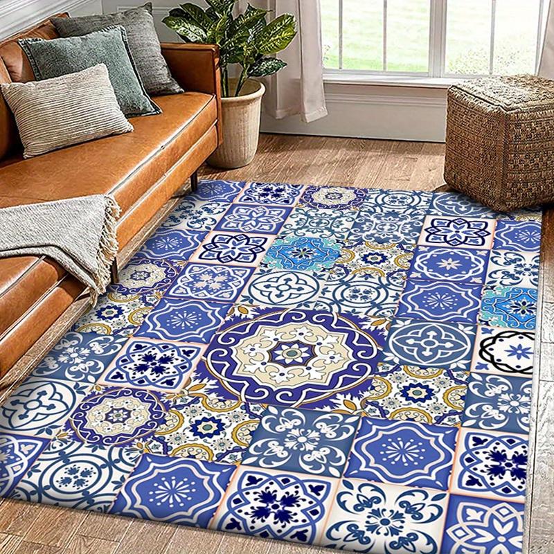 Elegant Grace Pattern Non-Slip Area Rug - Floor mat Crystal Velvet, Blue & Beige Floral Design, Soft Polyester Floor Mat for Liv