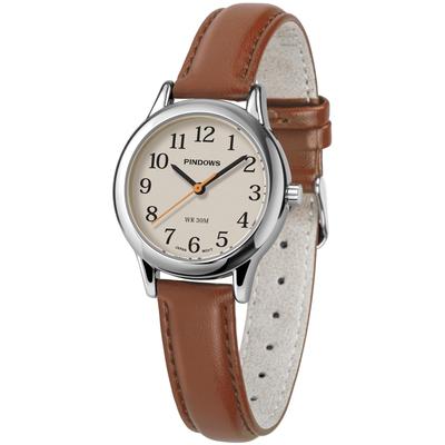PINDOWS Women's Slim Minimalist Quartz Analog Watch with Black Leather Strap and Gold-Tone Case - A Stylish and Elegant Everyday Watch