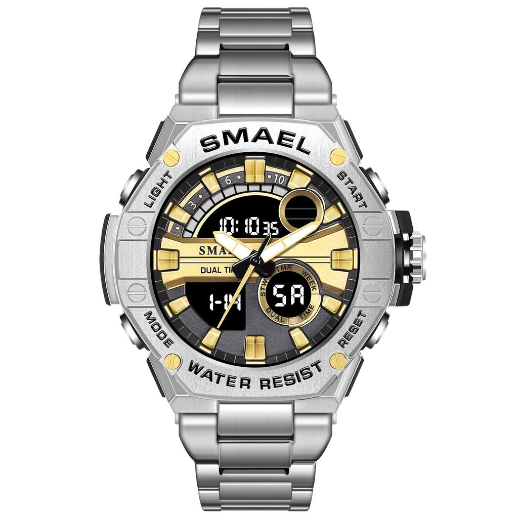SMAEL 8090 alloy steel strip dual display electronic watch men's waterproof alarm clock multifunctional