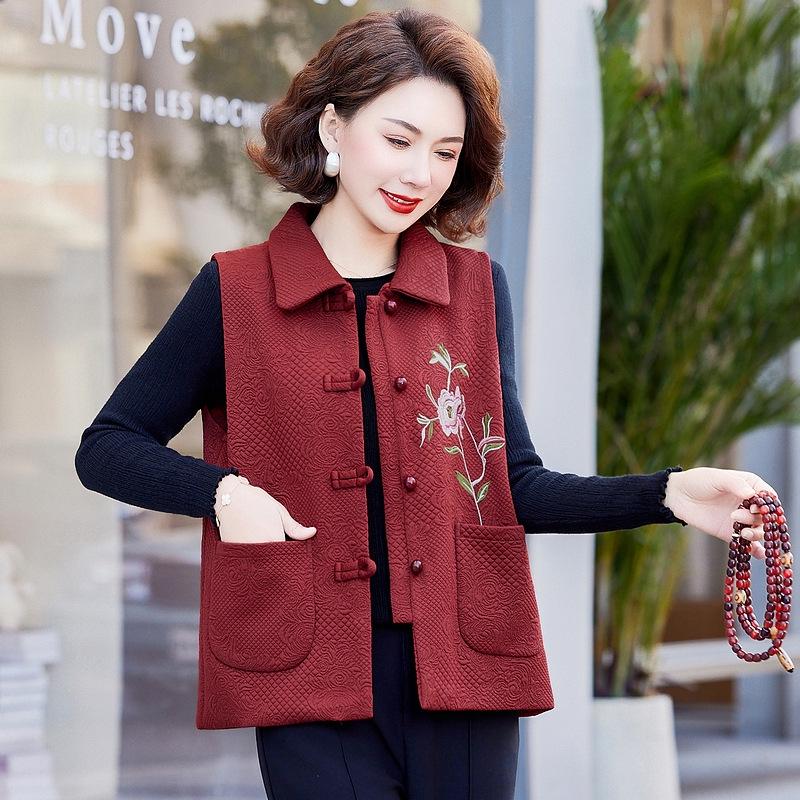

Spring Embroidered Sleeveless Vest for Women - Stylish Outerwear for Middle-Aged & Elderly XXL (recommended for 110-125 jin)
