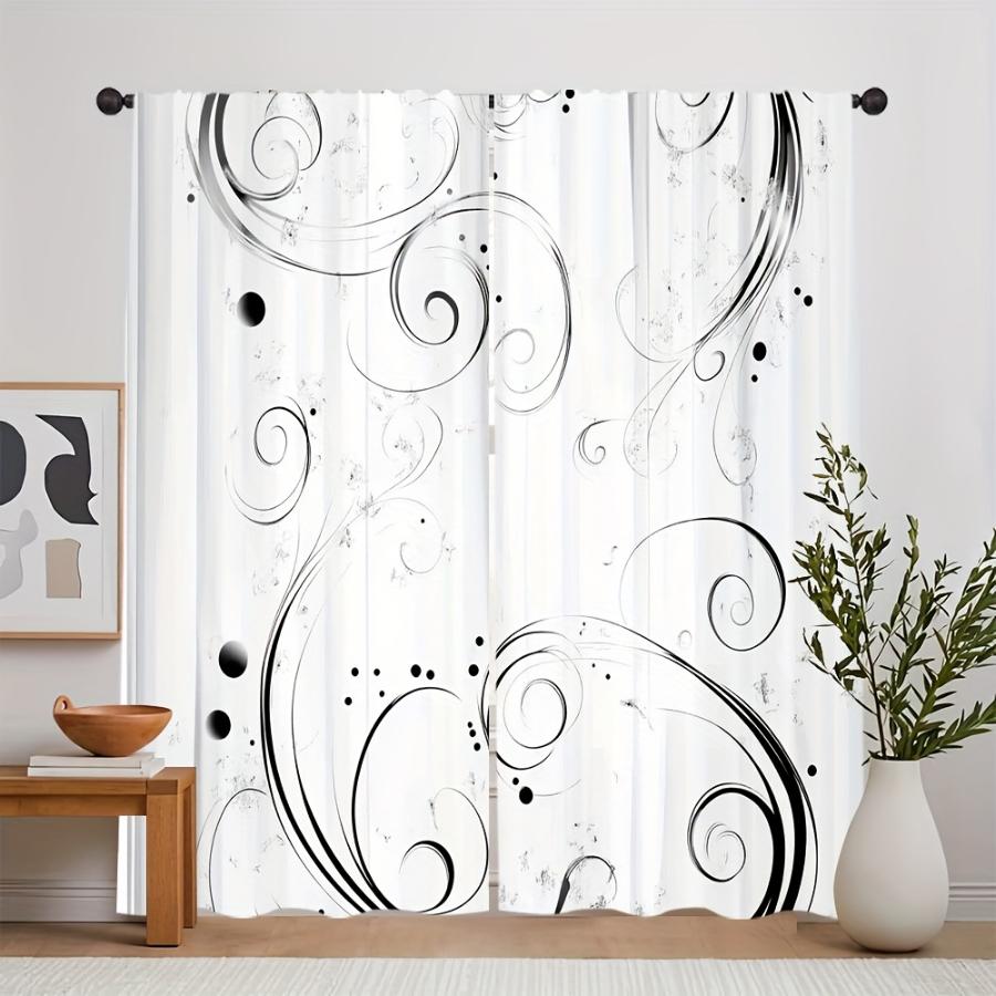2PCS Digital Printed Curtains, Ink Scroll Pattern Pattern, Artistic Pattern Window Drapes for Living Room Bedroom Decor