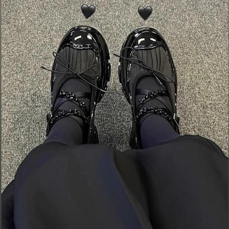 Lolita Thick Bottom Casual Sneakers Women's Fashion Beaded Shallow Ankle Strap Designer Shoes High Heeled Mary Jane Shoes