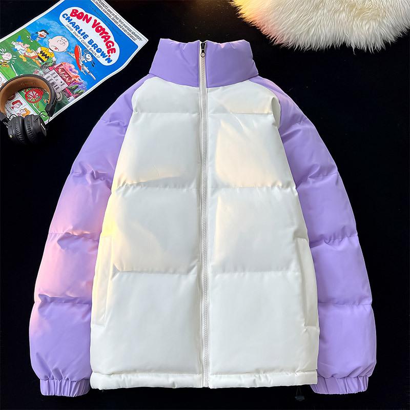 Men's White & Purple Color Block Puffer Jacket Stand Collar Warm Winter Coat