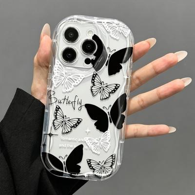 For iPhone 17 16 15 14 13 12 11 Pro Max Plus Case Black Butterfly Pattern Clear 3D Wavy Edge Cover For iPhone 16E 17E Funda