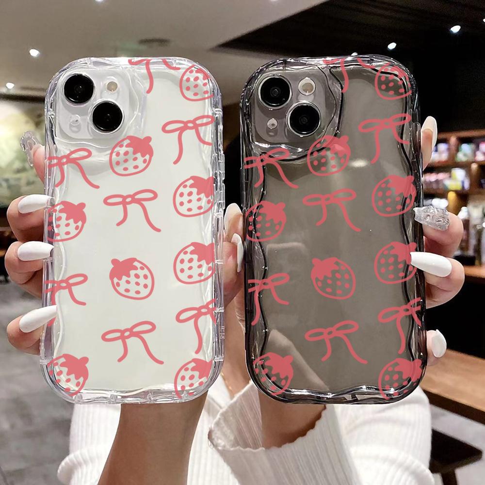 ins wind pink strawberry bow mobile phone case Apple 14Pro fashion girls iPhone17pm anti-drop soft case