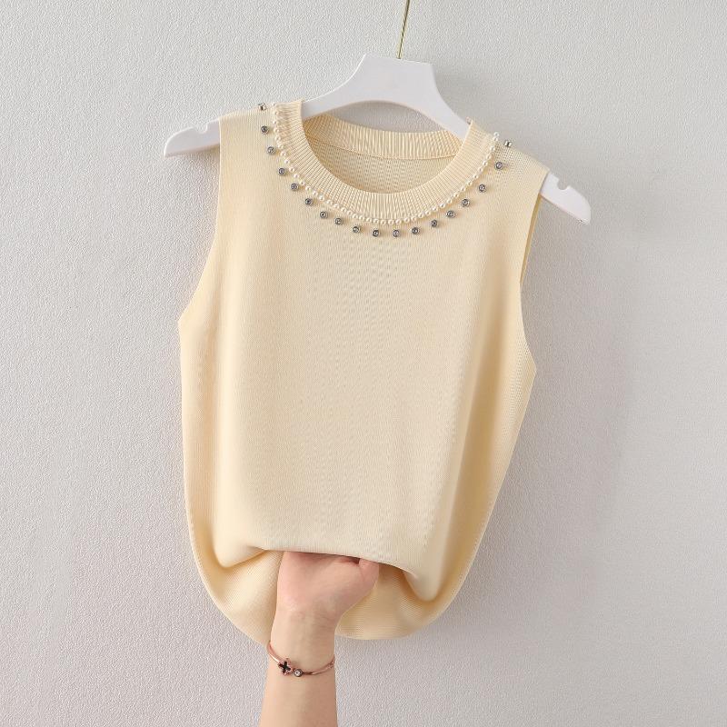 Women Summer New Round Neck Beading Tank Tops Elegant Slim Fit Knitted Casual Base Female Sleeveless Tanks Vest Simple Sweet Fashion Lady Camis 3115