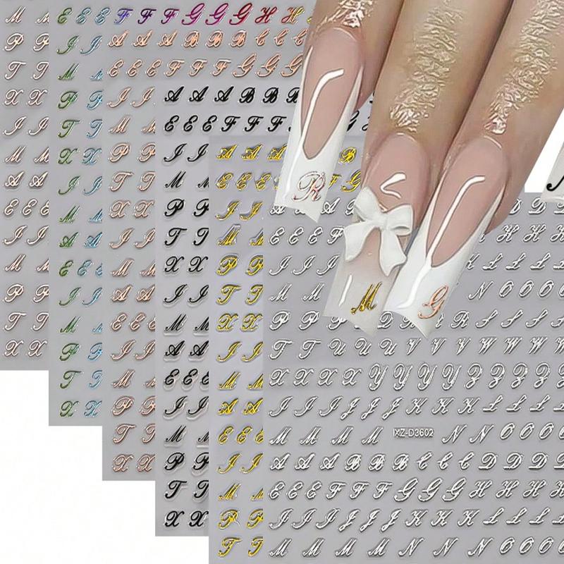 

6 листов 3D ретро наклейки для ногтей с английскими буквами, 6 шт. 3D самоклеящиеся черные золотые серебряные цветные наклейки для ногтей с дизайном алфавита, персонализированные