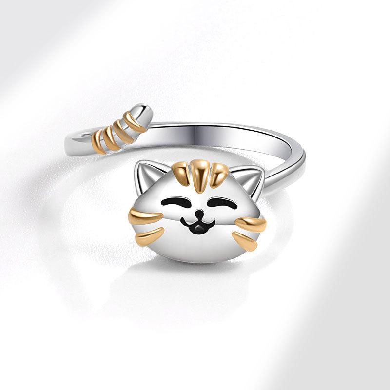 Geometric Cat Stress Relief Adjustable Ring Copper Jewelry For Women