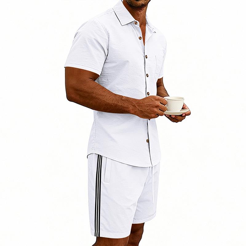 Men's Summer Plain Short Sleeve Shirt & Zipper Shorts Set