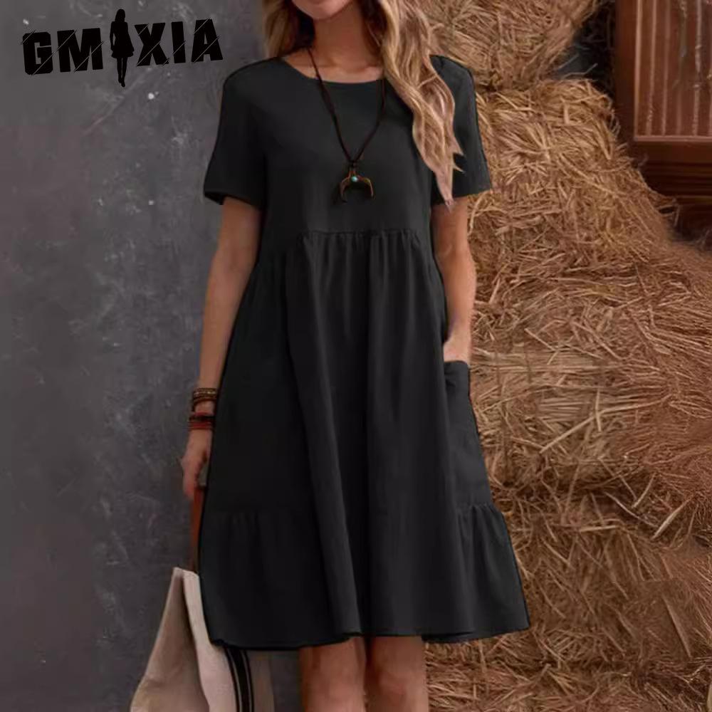 

IHUASU Женская мода Лето Весна Однотонный Принт Круглый вырез Высокая талия Повседневные платья XL чёрный