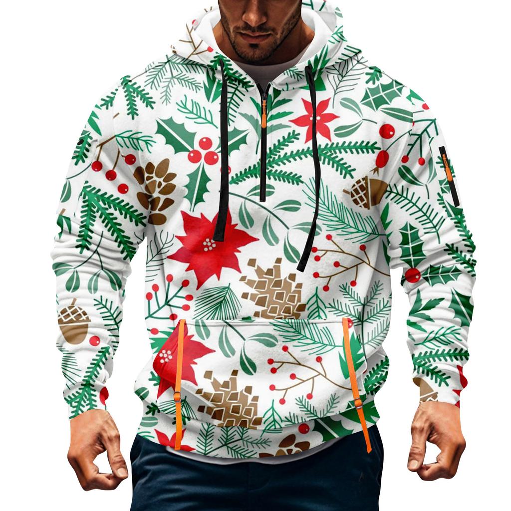 Herren Weihnachten Print Kapuzenpullover Halb-Reißverschluss Lässig Sport Sweatshirt