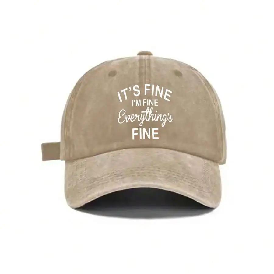 Washed Cotton Baseball Cap With Its Fine Im Fine Everythings Fine Print Adjustable Back Casual Outdoor Sun Protection Hat