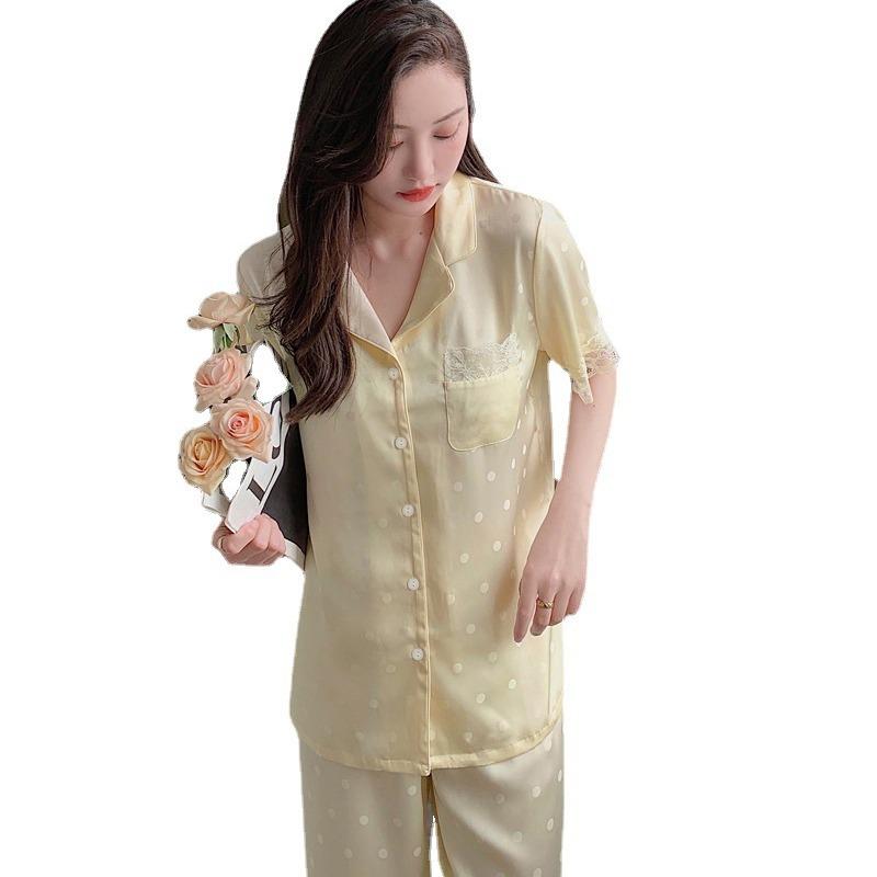 Summer Imitation Silk Pajamas Women'S Lace Edge Polka Dot Short-Sleeved Trousers Comfortable Loungewear Set