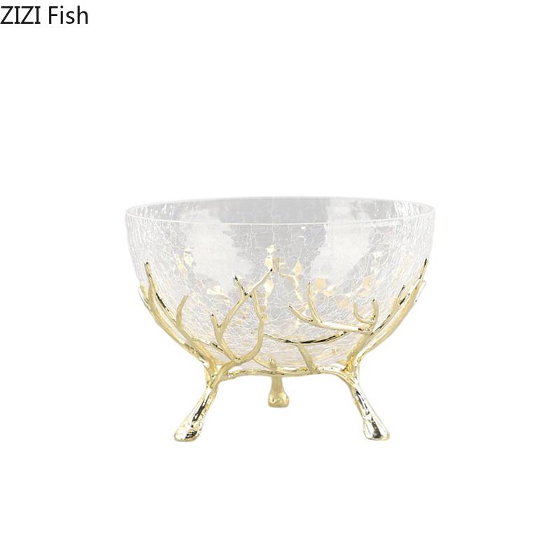 Ice Cracked Texture Fruits Bowl Golden Branches Bracket Glass Storage Tray Snacks and Nuts Bowl Home Kitchen Dessert Cutlery